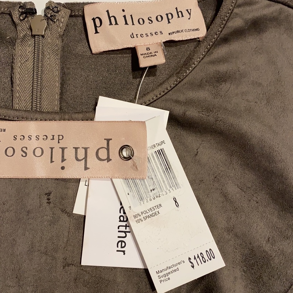 Philosophy SZ 8 Faux Leather Sleeveless A-Line Dress Heather Taupe New - Picture 5 of 13